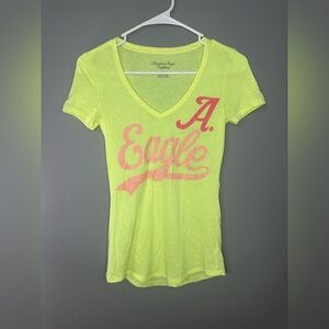American Eagle Outfitters Neon Green V-Neck Tee with Pink Graphic